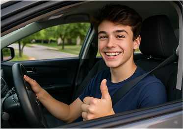 Teenager seated in car seat giving thumb up